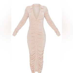 Pretty Little Thing Beige Ruched Slinky Midi Dress